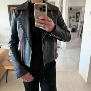 Joe’s Collection Moto Black Leather Jacket Red White Piping Size S